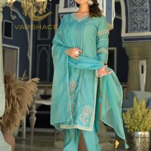 Pure Silk Embroidered Straight Kurta Palazzo with Dupatta