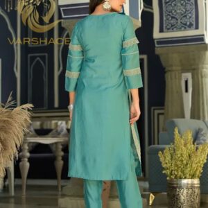 Pure Silk Embroidered Straight Kurta Palazzo with Dupatta - Image 3
