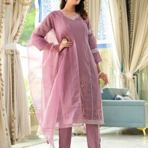 Pure Silk Embroidered Straight Kurta Palazzo with Dupatta - Image 4