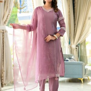 Pure Silk Embroidered Straight Kurta Palazzo with Dupatta - Image 9