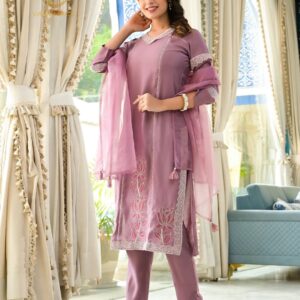 Pure Silk Embroidered Straight Kurta Palazzo with Dupatta - Image 5