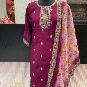 Majenta Salwar Kameez with Floral Organza Dupatta