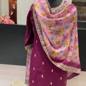 Majenta Salwar Kameez with Floral Organza Dupatta - Image 3