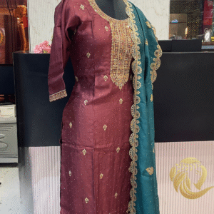 Festive Maroon Salwar Suit with Teal Duppatta Vichitra Silk - Image 5