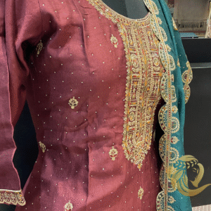 Festive Maroon Salwar Suit with Teal Duppatta Vichitra Silk - Image 3