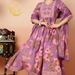 Calf Length Flared 3/4 Sleeves Round Kurta Bottom Dupatta Set - Image 2