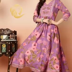 Calf Length Flared 3/4 Sleeves Round Kurta Bottom Dupatta Set - Image 1